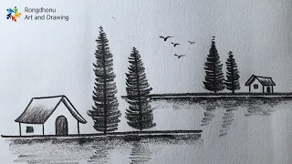 Simple Village Scenery Drawing with Pencil | Easy Nature Landscape Drawing