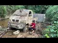 Girl revives abandoned truck under a small dam - Truck engine revival