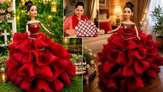 DIY Beautiful Barbie Doll Dress Making | Red Ruffle Gown Craft | Best Doll Decoration Idea ❤️