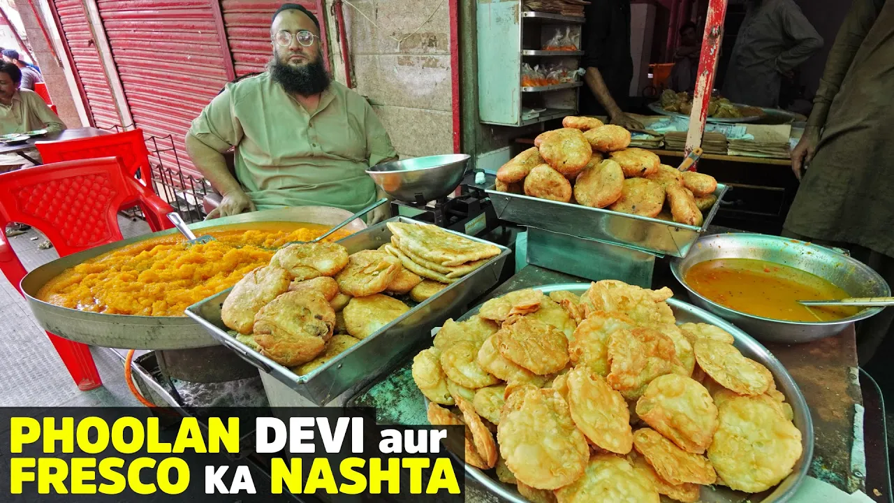 Nashta at Fresco Since 1952   Burns Road Karachi Street Food   Matri Halwa, Qeema Kahori Poori   PK