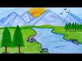 How to draw nature Scenery of Mountain with water drawing step by step easy art