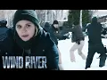Banner Diffuses a Standoff at the Drilling Camp Scene Wind River Elizabeth Olsen