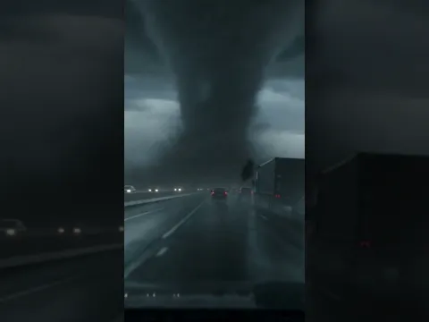 Dashcam perspective on a highway during heavy thunderstorms