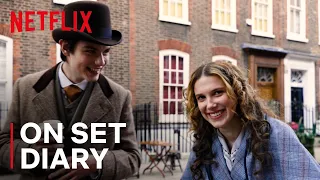 millie bobby brown behind the scenes with henry cavill u0026 louis partridge enola holmes 2 netflix