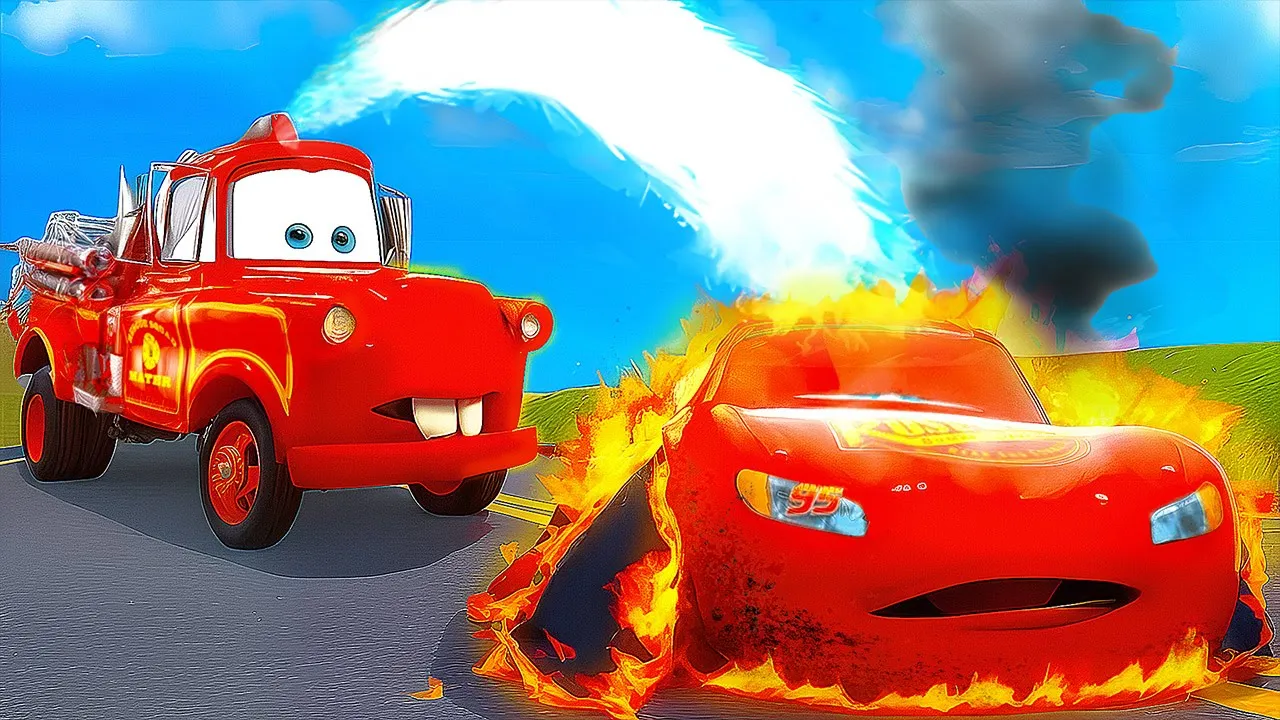 Burnt out LIGHTNING MCQUEEN is on FIRE! Mater saves Lightning McQueen from the FIRE! World Pixar Car