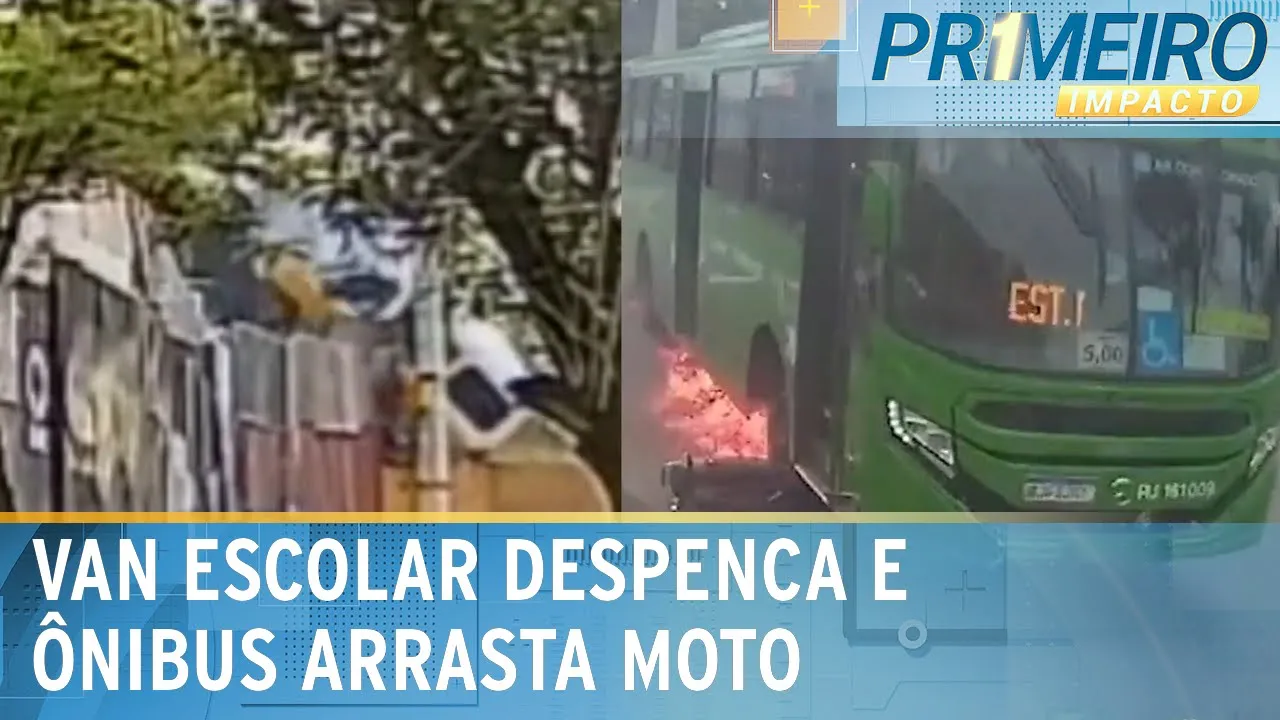 Flagras: Van escolar com alunos capota e ônibus arrasta moto | Primeiro Impacto (29/11/23)
