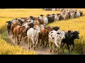 Cows graze in the golden ripe rice fields - Cow mooing