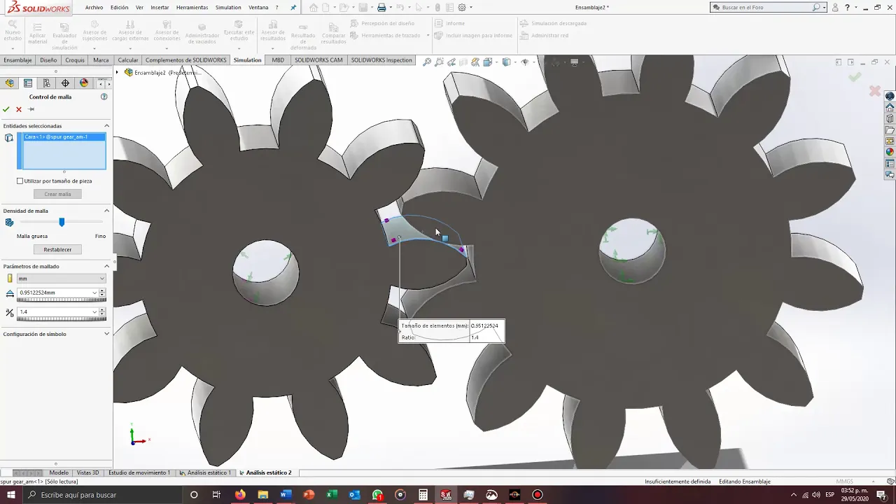 Solidworks Simulation 2020 - Esfuerzos en los dientes de un engrane
