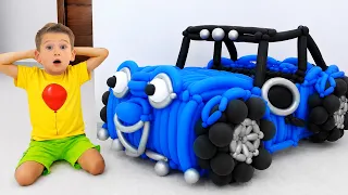 Kids ride on toy cars from balloons - Fun Car Shop Adventure