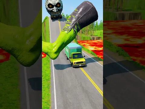 Big & Small Van Cars GO TO Downhill to SPINNING Hulk's Foot Kick Crush in BeamNG.Drive