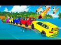 Triple Flatbed Trailer McQueen Transportation with Truck - Speedbumps vs Cars vs Train - BeamNG #64
