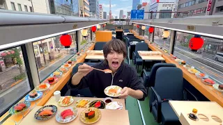 【世界初】バスの2階が回転寿司食べ放題。寿司バスに乗ってみた。