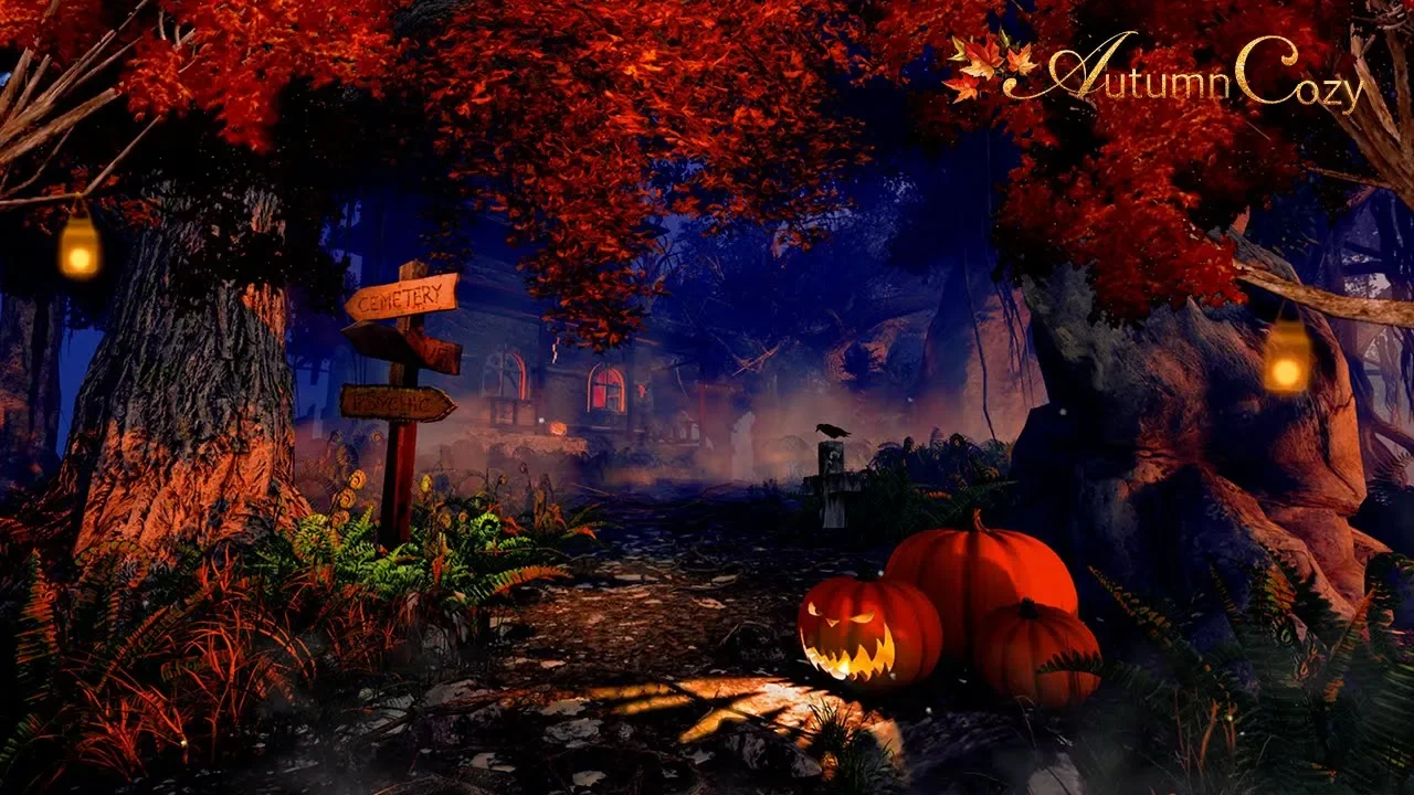 Jack-o'-lanterns and a cemetery signpost on a forest path under red autumn trees