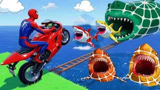 SPIDER MAN Takes on Spiral Bridge Stunt Ride on Motorcycle🦺🥽بطال الخارقين على القضبان دوامة قم