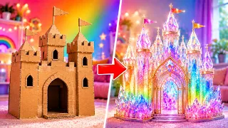 Cardboard vs Crystal Castle || Living in the Cardboard House for 24 Hours