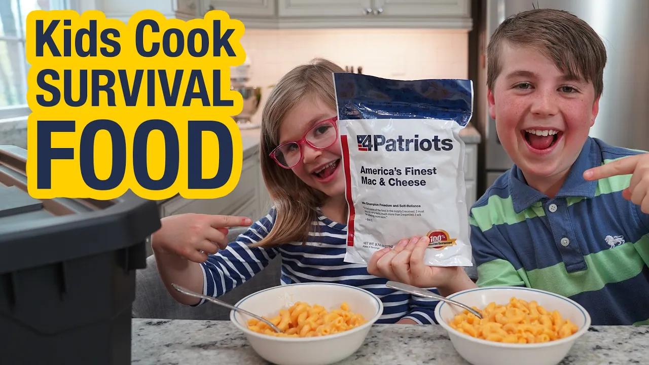 Two kids smile while cooking and eating 4Patriots survival mac & cheese, showcasing how simple and family-friendly emergency food can be.
