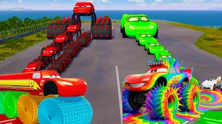 Big & Small Long Flexible Spring Lightning McQueen vs Train Thomas | BeamNG.Drive
