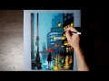 Walk in the rain | Acrylic painting | Night city | Step by Step