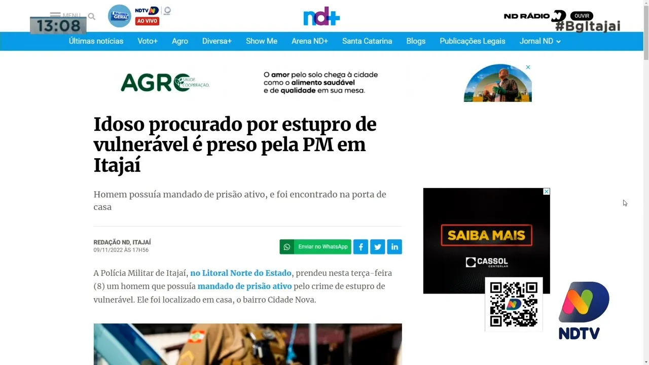 Idoso procurado por estupro foi preso aqui em Itajaí