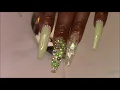 DIY How To Do Long Green Coffin Shape Nails WITH Bling Glass Acrylic Nails