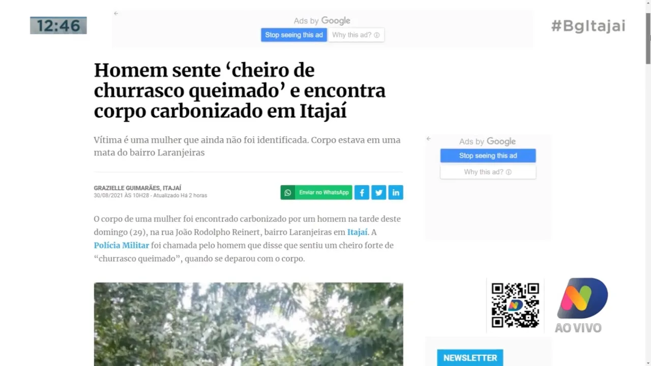 Corpo de uma mulher foi encontrado carbonizado em Itajaí