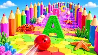 🎳🌈 Bowling Ball Smashes Kinetic Sand! Learn ABCs Numbers Colors for Kids Bowling Pins Adventure 🦀🔤