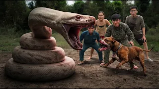 Brave Hunter Use Pitbull To Catch The Giant White Pythons