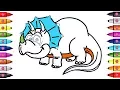 How to Draw and Color a Dinosaur Triceratops Coloring Page for Kids with Colored Markers