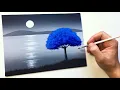 Easy Blue Tree in the Moonlight Acrylic Painting Tutorial for Beginners