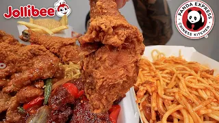 MUKBANG EATING JOLLIBEE SPICY CRISPY FRIED CHICKEN BEIJING BEEF CHOW MEIN HONEY SESAME CHICKEN ASMR