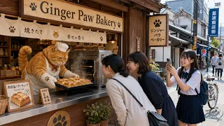 Ginger cat cooking matcha latte cake in Japan