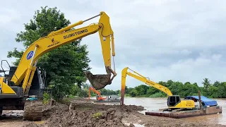 Giant Excavators Dredging a Big River Canal  Heavy Construction Machines at Work
