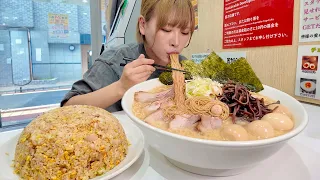 【大食い】1杯500円⁉️超濃厚豚骨ラーメンとメガ盛り炒飯セットをデカ盛りにしてチャレンジ【海老原まよい】