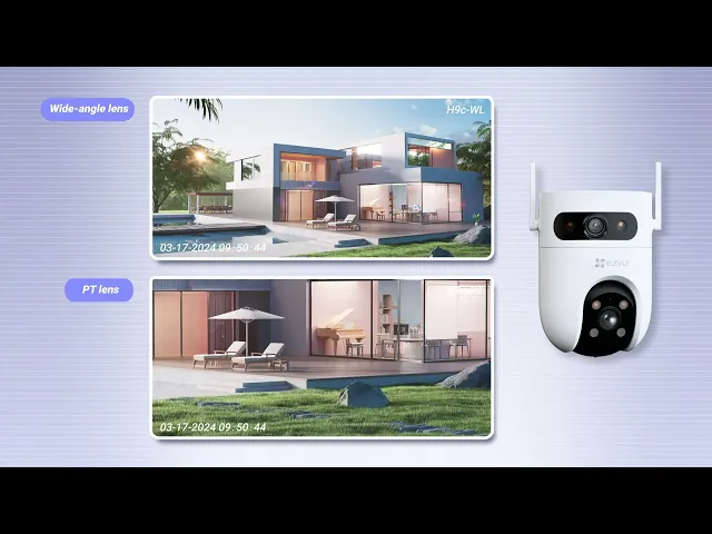 Ezviz H9C 3K (5MP+ 5MP) with 2 lenses (wide-angle fixed and zoom moving) and high resolution. Colour night vision, human tracking, siren, two-way audio