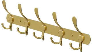 Coat Rack Wall Mount with 5 Tri Coat Hooks for Hanging Gold