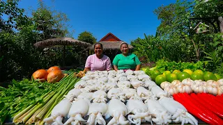 Local Market Show Buying Squids to Cook Fried Spicy with Basil
