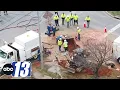 SKY13 shows gaping hole with water main break gas leak in Lynchburg VA