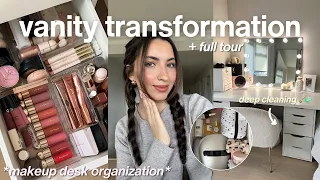 MAKEUP VANITY ORGANIZATION TOUR deep cleaning pinterest inspired aesthetic transformation