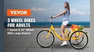 VEVOR 7-Speed 3 Wheel Adult Tricycle 20 Yellow Trike Bicycle Bike with Large Basket for Riding