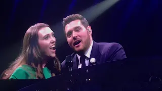 michael bubl singing with audience member katy saunders leeds first direct arena 3 6 19
