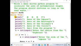 Menu driven Program Area of Mathematical Shapes Part 2 of 2