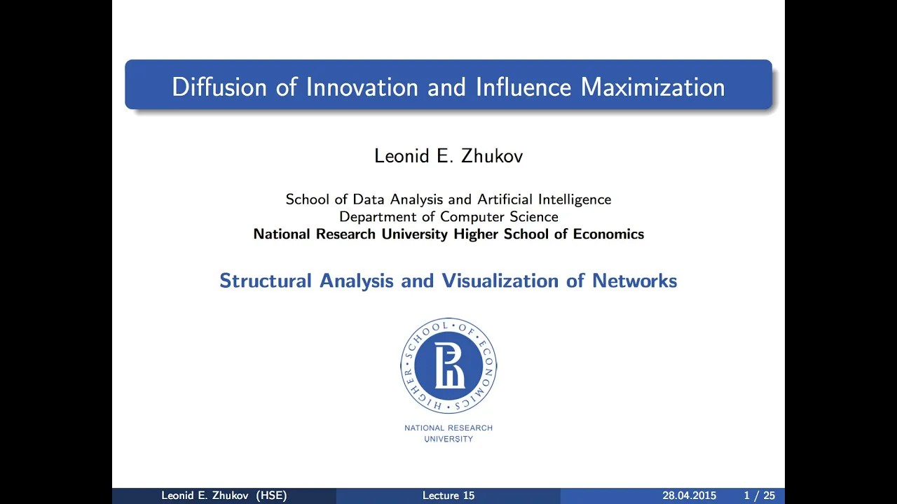 Network Analysis. Lecture 15. Diffusion of innovation and influence maximization.
