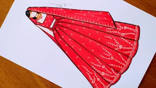 رسم ساري زفاف هندي سهل جدا بالخطوات رسم عروس هندية ازياء هندي 