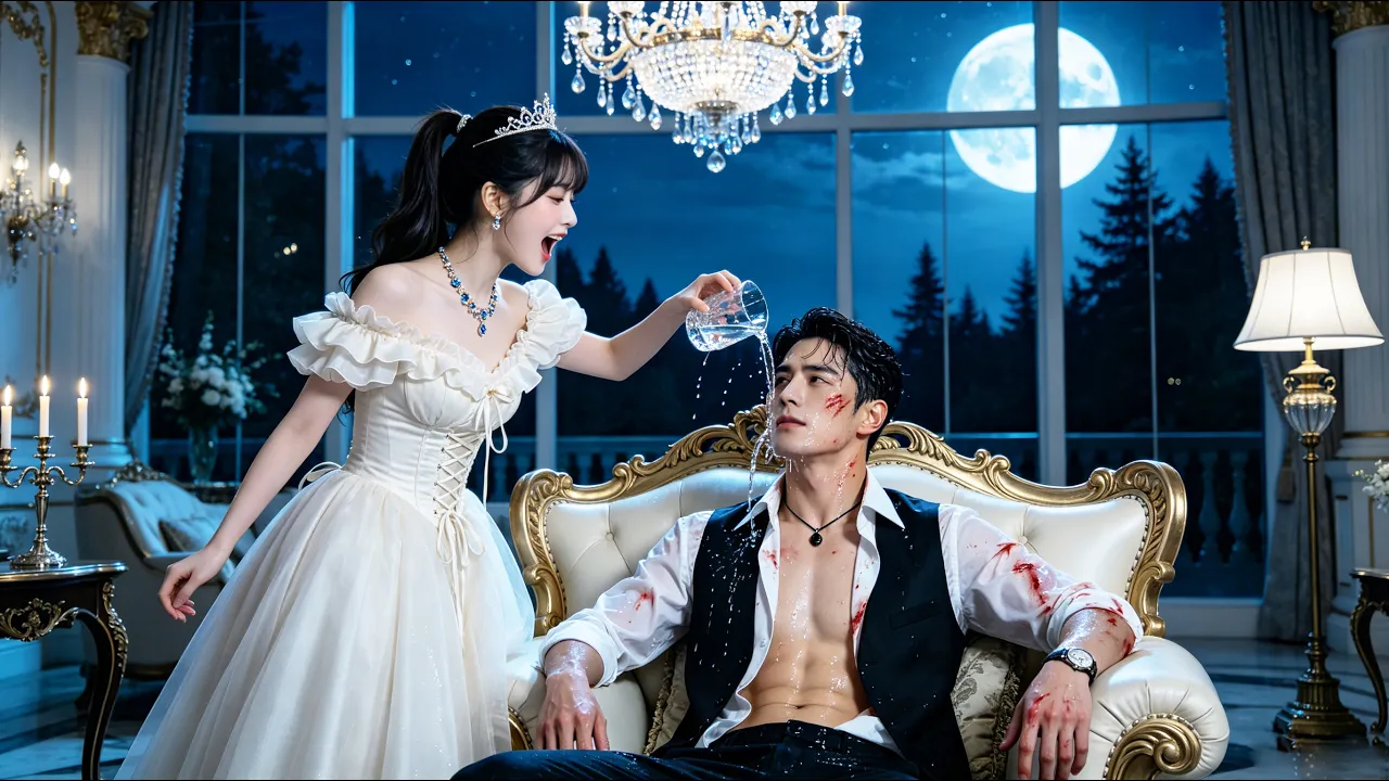 She wakes the injured CEO with cold water and also stirs his heart. poster