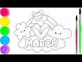 March Month and Activities Coloring Page for Kids Fun Learning Drawing and Coloring