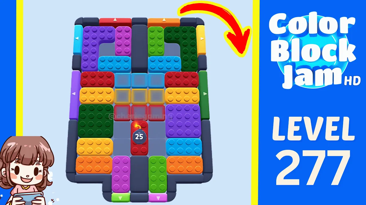 Color Block Jam Level 277 2:05 board with central red timed block 25 and a blue/yellow/red target-cell stack opening frame