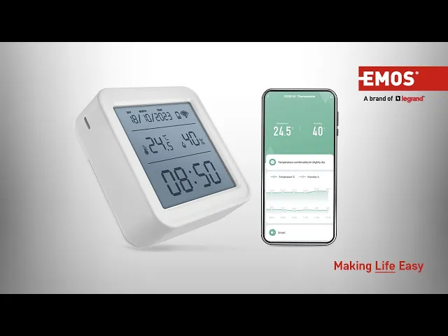 Датчик за влага и температура с дисплей и батерия ZigBee GoSmart EMOS, показващ стойности на температура и влажност.
