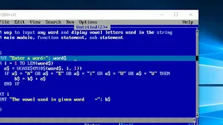 QBASIC program to display vowel letters used in a word SUB FUNCTION and Main Module