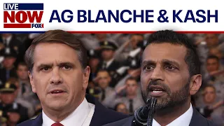 Todd Blanche Kash Patel speak at police facility in New York