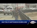 High tide Waves crash ashore at Hampton Beach with Jose offshore
